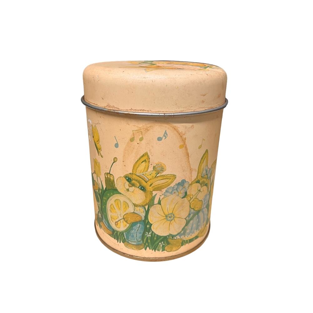 Wang's International 1987 Candy Tin, Bunnies, Ducks, Easter, Yellow Grannycore‎